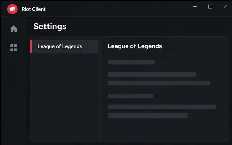 Tela de configurações do cliente Riot com League of Legends selecionado na lista de jogos à esquerda.
