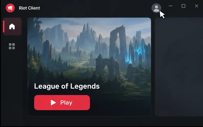 Tela inicial do Riot Client com o ícone de perfil no canto superior direito e o cursor ao lado.