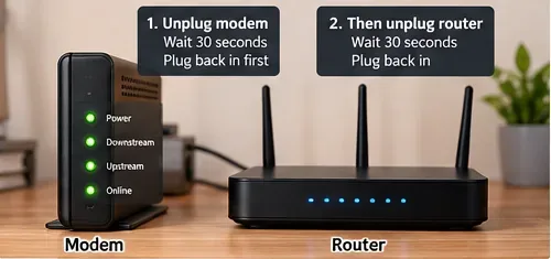 Modem e roteador lado a lado com instruções separadas de reinicialização e luzes indicadoras visíveis.