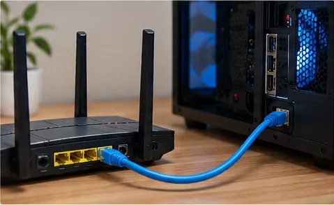 Roteador sem fio com portas LAN amarelas e um cabo Ethernet azul conectado a um computador de mesa.