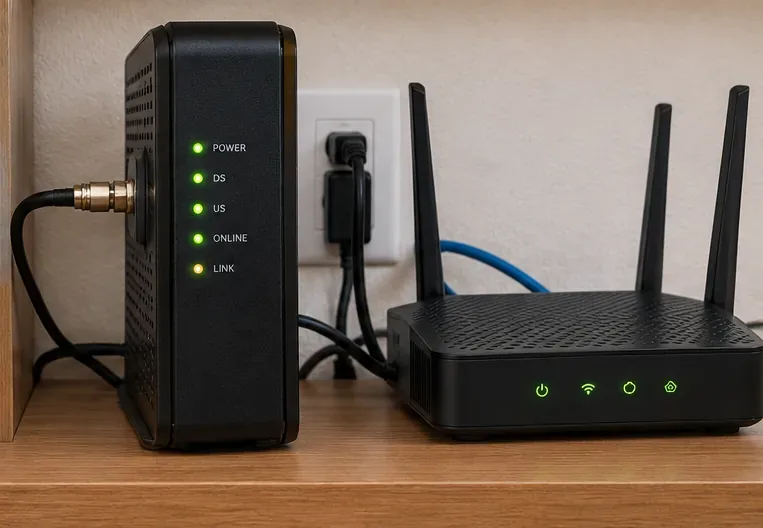 Modem de banda larga e roteador sem fio posicionados sobre uma mesa, com luzes indicadoras no painel frontal e cabos conectados.