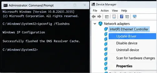 O Prompt de Comando do Windows mostra uma limpeza de cache DNS concluída ao lado do Gerenciador de Dispositivos com um adaptador de rede. Menu "Atualizar driver"
