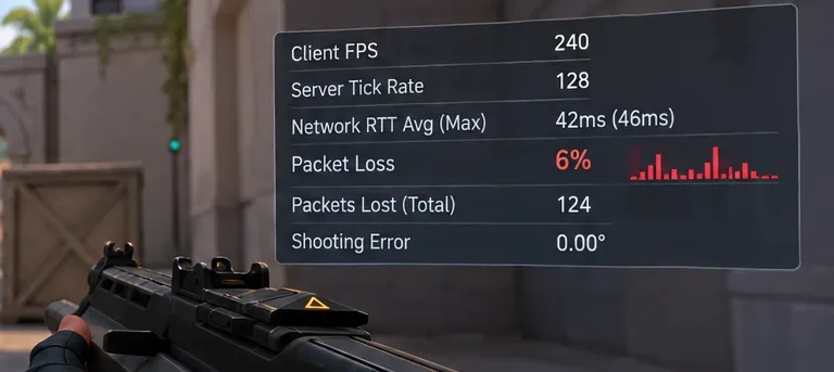 Cena de jogo de tiro em primeira pessoa com perda de pacotes de 6% e picos vermelhos ao lado dos indicadores de RTT e FPS da rede.