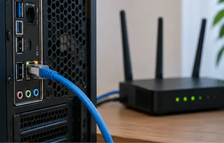 Cabo Ethernet azul conectado à porta de rede traseira de um computador desktop com um roteador sem fio ao fundo.
