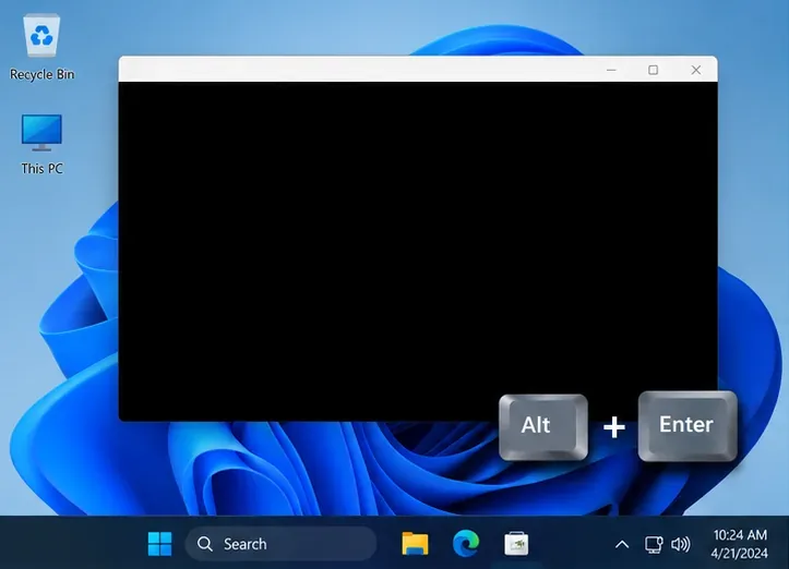 A Windows desktop shows a black game window with the Alt and Enter keys beside it.
