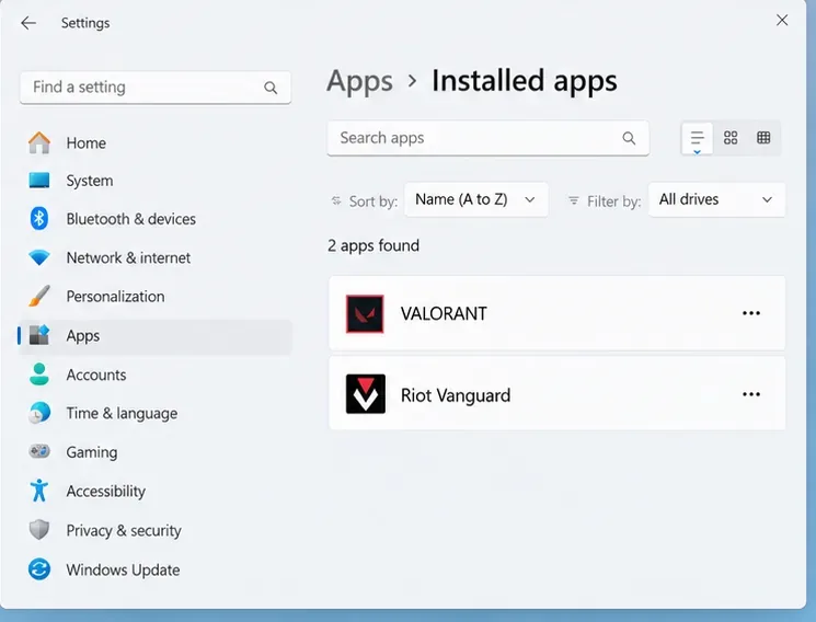 Windows Installed apps lists VALORANT and Riot Vanguard with separate options menus.
