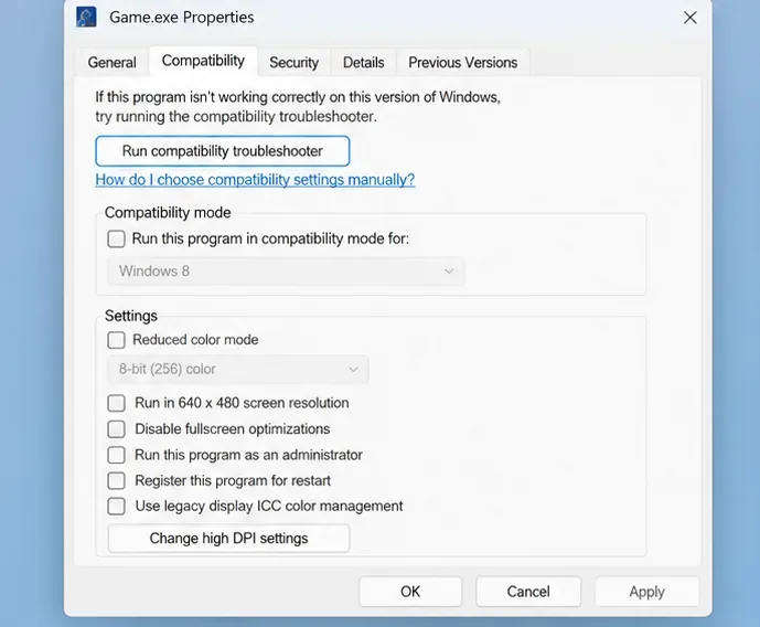 A game executable’s Compatibility tab shows the Disable fullscreen optimizations checkbox.
