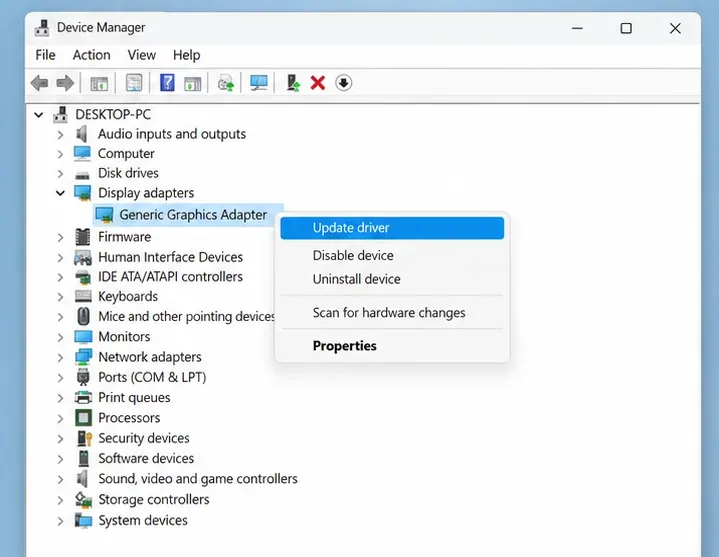 Device Manager shows Display adapters expanded and a graphics adapter selected.