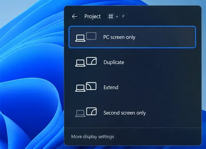 The Windows Project menu lists PC screen only, Duplicate, Extend, and Second screen only.