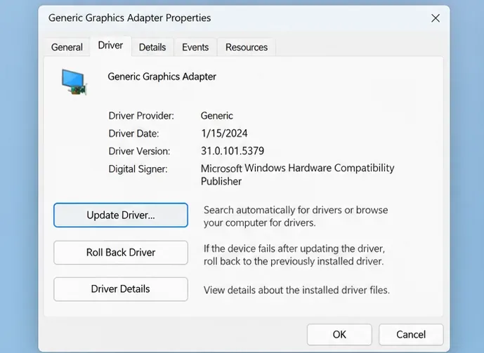 The graphics adapter Driver tab shows Update Driver and Roll Back Driver controls.