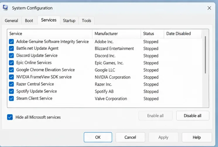 System Configuration shows Hide all Microsoft services checked and the Disable all control.