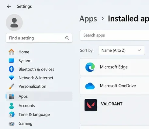 Windowsの設定アプリページで、インストール済みアプリ一覧にVALORANTが表示されている。