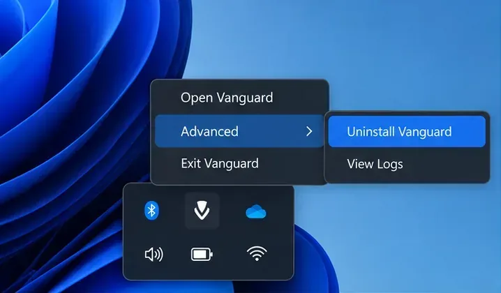 Windows システムトレイ メニューで「詳細設定」を展開し、「Vanguard のアンインストール」を選択した状態で、Vanguard のアンインストールを選択した。