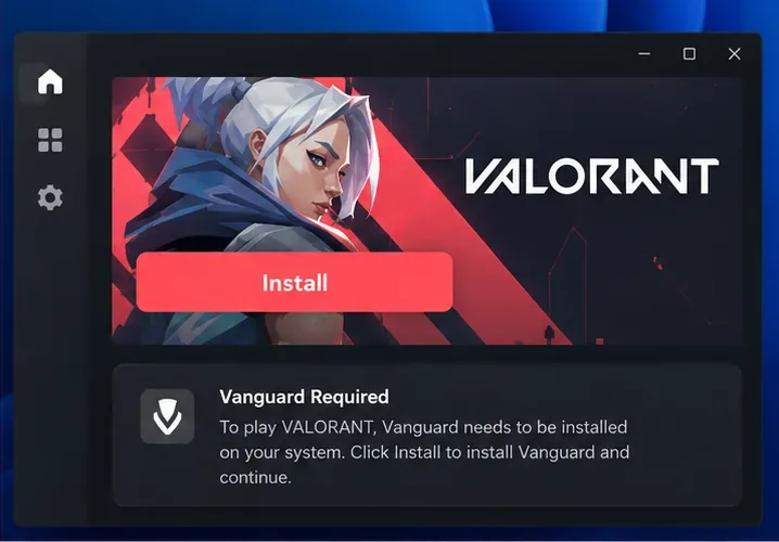VALORANTランチャー画面の例。必要なVanguardコンポーネントのインストールを促すプロンプトが表示されている。