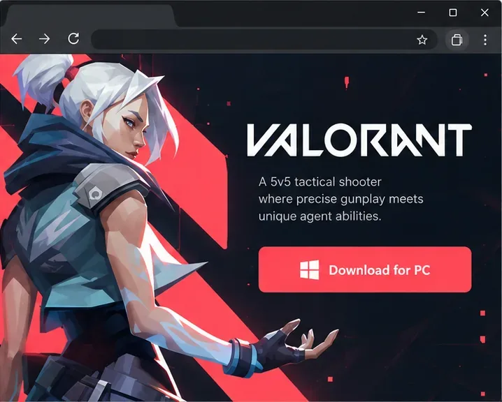 Riot GamesからPC版VALORANTをダウンロードするためのブラウザページの例として示す。