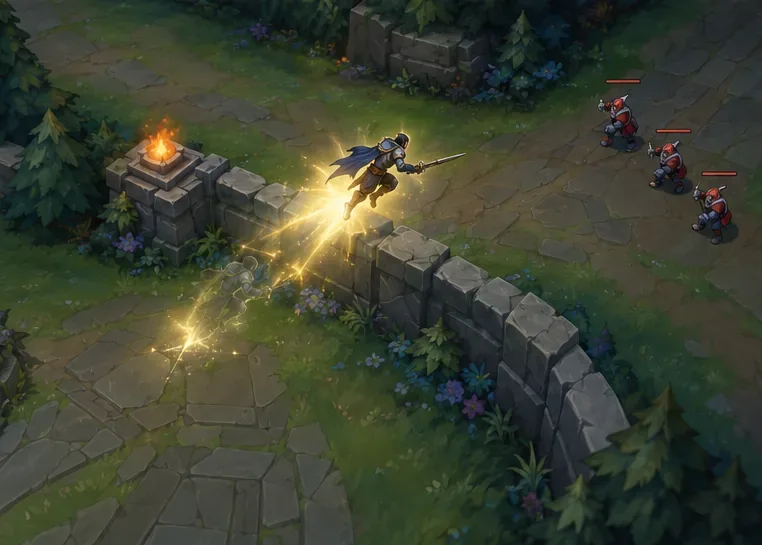 A generic top-down MOBA scene shows a champion blinking across a short stone wall.