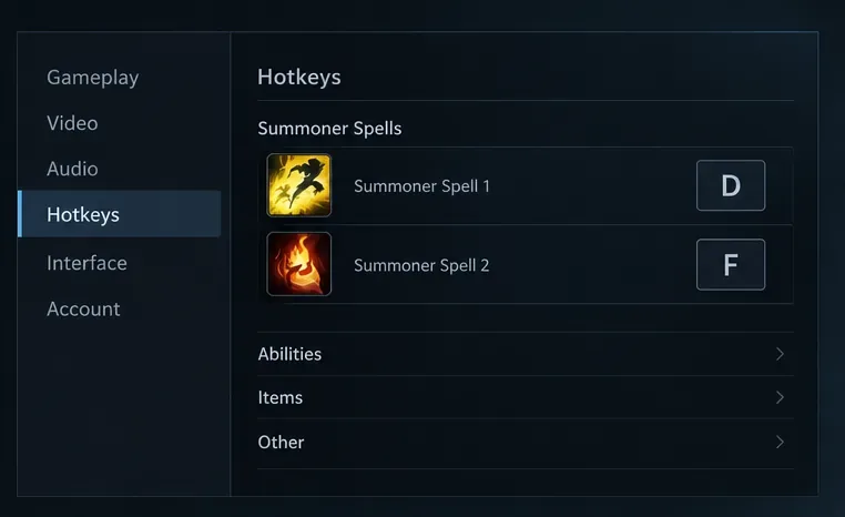 Schematic hotkey panel showing two summoner spell slots assigned to D and F.