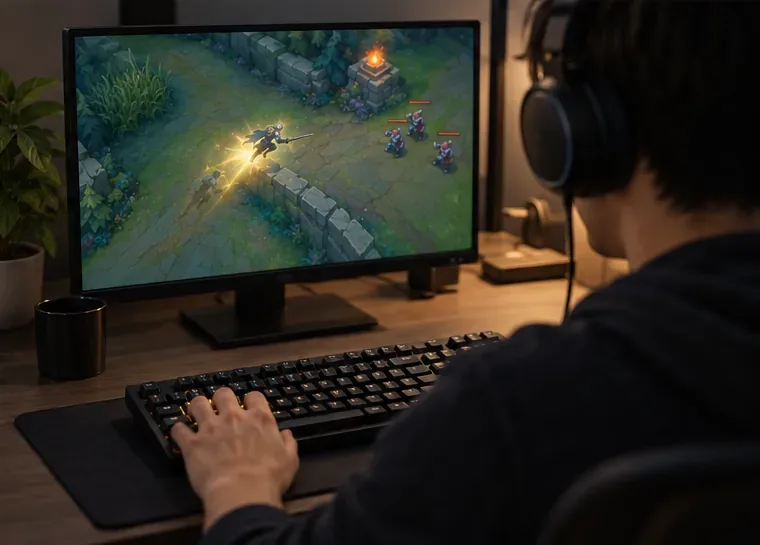 A player sits at a keyboard and watches a generic MOBA practice scene on a monitor.