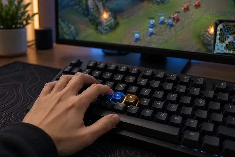 A player’s left hand rests over a keyboard with the D and F keys illuminated.