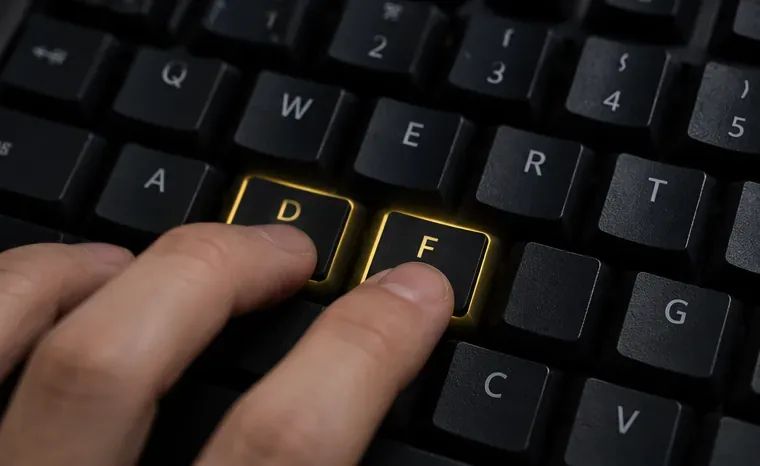 Close-up of fingers resting on the highlighted D and F keys.
