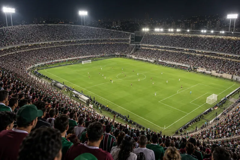 Een verlicht voetbalveld, gezien vanaf de bovenste tribune, met toeschouwers rondom het veld.
