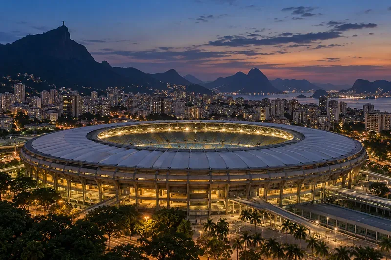 Een verlicht ovaal voetbalstadion boven Rio de Janeiro bij zonsondergang.