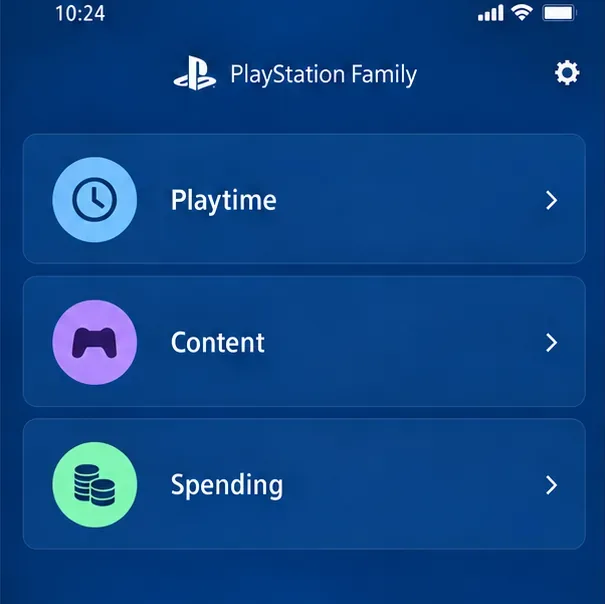 Painel ilustrativo do aplicativo PlayStation Family com seções de Tempo de Jogo, Conteúdo e Gastos.