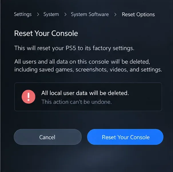 Imagem ilustrativa da tela "Reiniciar o console" do PS5 exibindo um aviso de que os dados locais do usuário serão apagados.