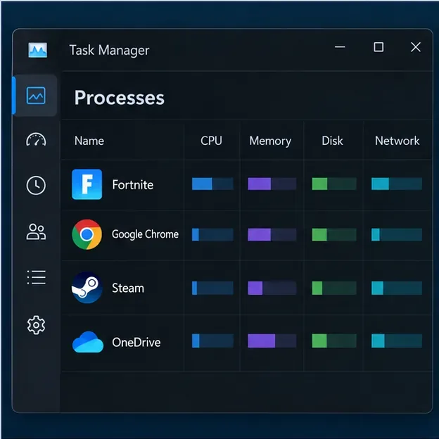 Диспетчер задач Windows: отображение процессов с указанием ЦП, памяти, диска и сети для Fortnite и фоновых приложений.