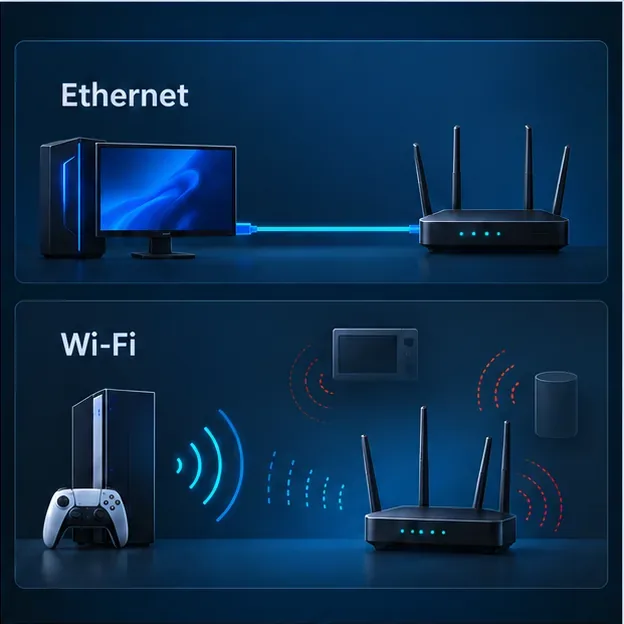 Проводное Ethernet-соединение рядом с Wi-Fi-соединением, иллюстрирующее два способа проверки стабильности домашней сети.