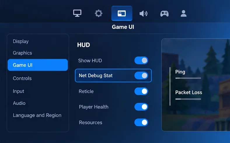 Настройки пользовательского интерфейса игры Fortnite с включенной функцией Net Debug Stat и отображением пинга и потери пакетов во время матча.