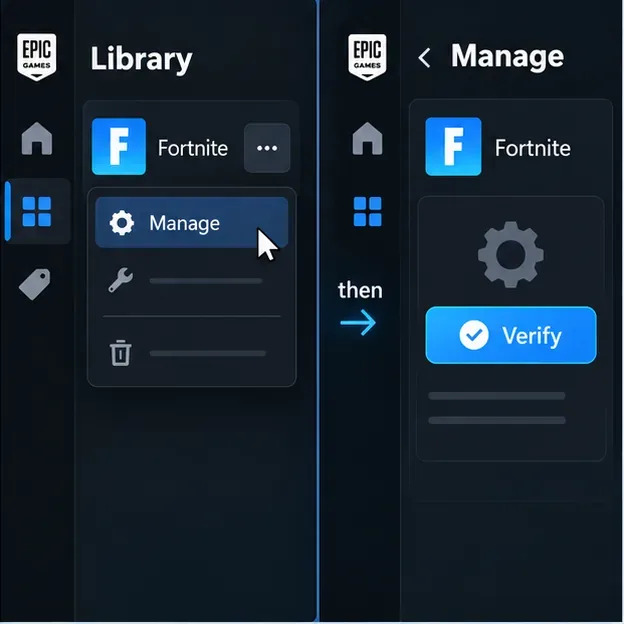Библиотека и управление представлениями в Epic Games Launcher, ведущие к действию «Проверить» для файлов игры Fortnite.