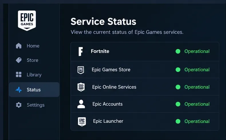 Иллюстративная панель мониторинга состояния Epic Games с отображением информации о Fortnite и других сервисах, используемая для проверки наличия сбоев в работе.