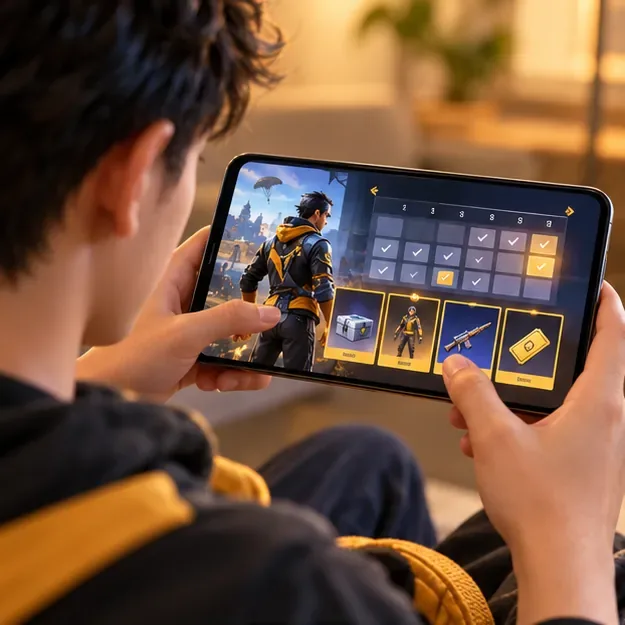 Un jucător verifică pe telefon calendarul evenimentelor și plăcuțele de recompensă dintr-un joc Battle Royale.