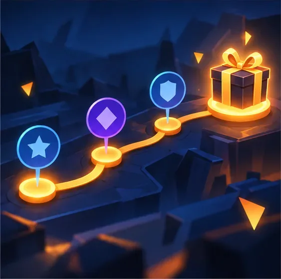 A glowing path of reward milestones leading to a gift, illustrating how to inspect a free reward track