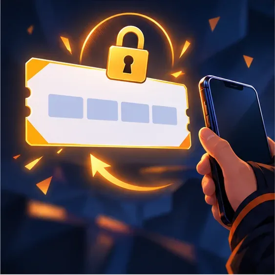 A secure lock above a blank redemption card beside a phone, representing safe use of the official Free Fire code portal