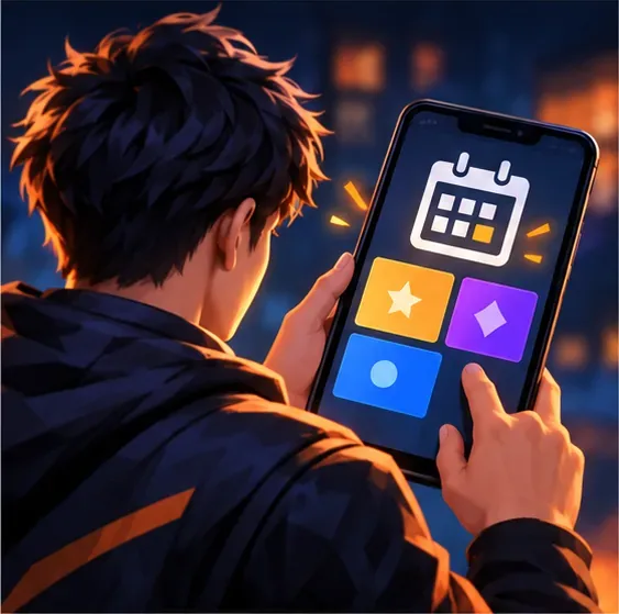 A mobile player checks a calendar and reward tiles while looking for a current Free Fire event offer