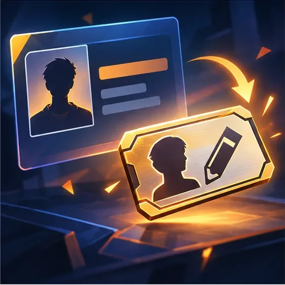 A player identity card beside a separate blank rename token, illustrating the final name-change check