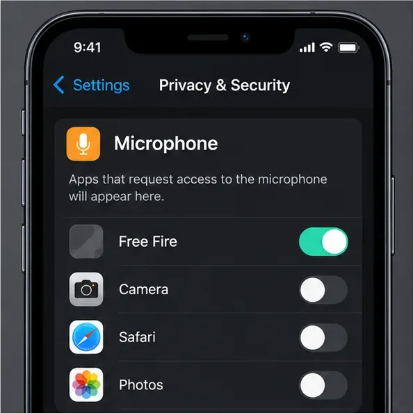 Illustrative iPhone Privacy and Security microphone list with Free Fire access enabled