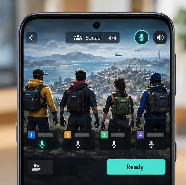 Illustrative squad lobby with a lit microphone icon and four squad positions