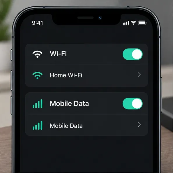 Illustrative phone network settings with Wi-Fi and mobile data options available for a connection test