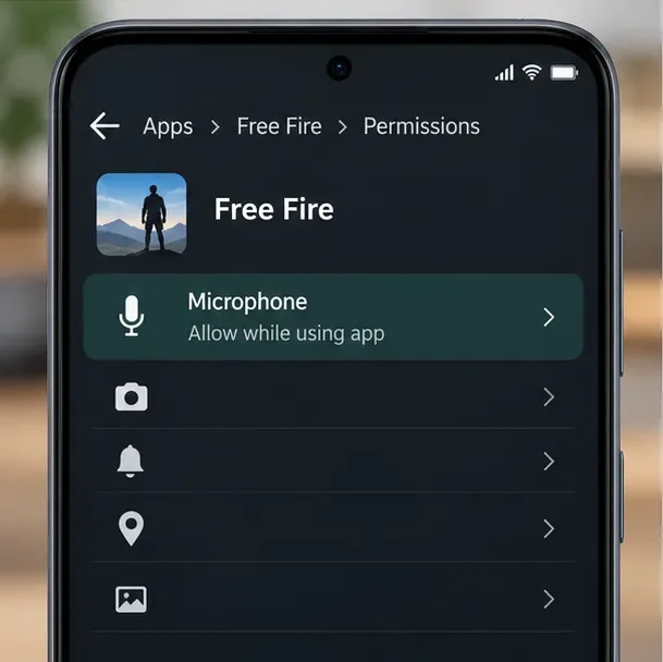 Illustrative Android Free Fire permissions page with Microphone set to Allow while using app