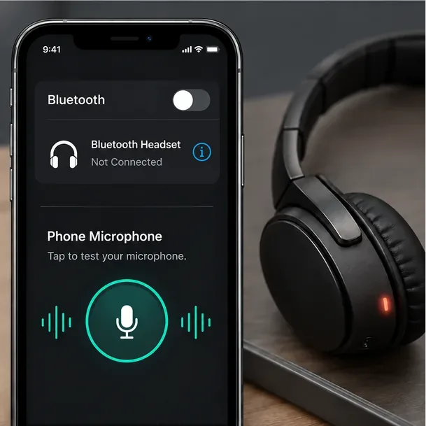 Illustrative phone audio test with a Bluetooth headset disconnected and built-in microphone selected