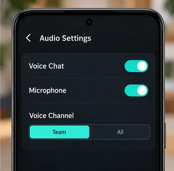 Illustrative audio settings screen with Voice Chat and Microphone on and Team selected
