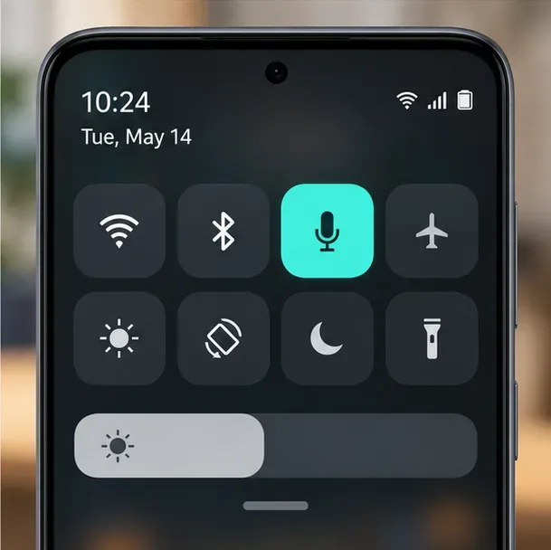 Illustrative Android Quick Settings panel with the microphone privacy control enabled