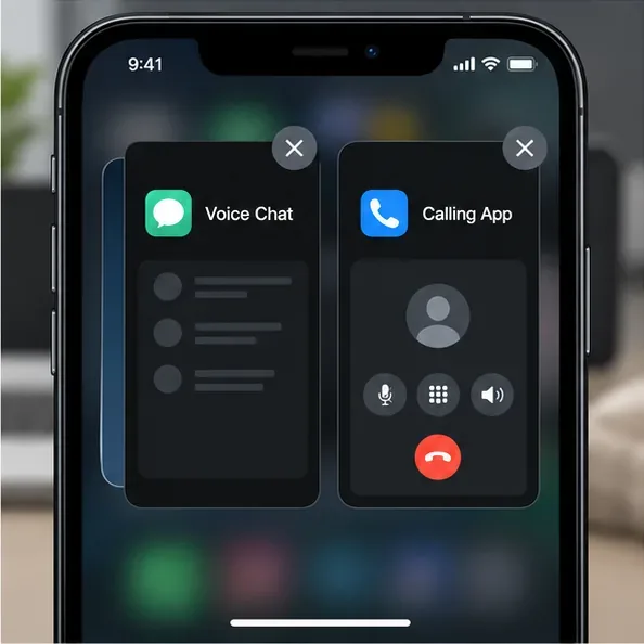 Illustrative phone app switcher showing voice chat and calling apps being closed before a game test