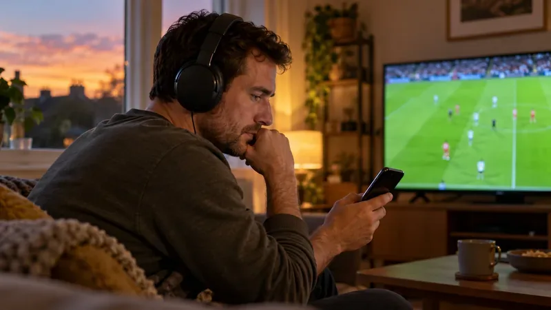 Een supporter luistert naar voetbalcommentaar op zijn telefoon terwijl hij thuis naar een wedstrijd kijkt.