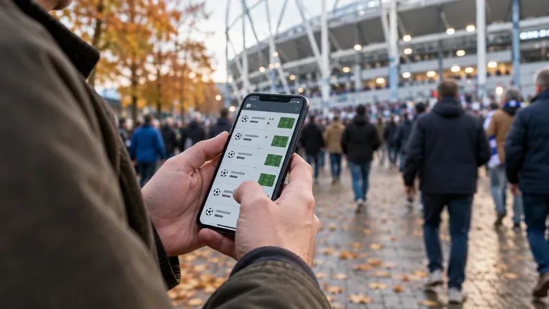 Een supporter checkt voetbalupdates op zijn smartphone terwijl hij een stadion nadert.