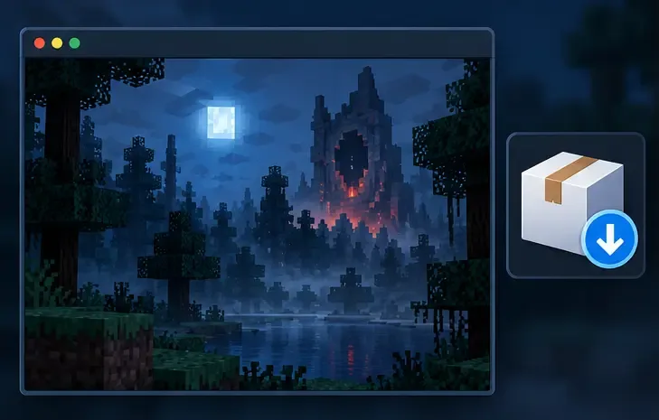 A shadowed block-built game world beside an unidentified download package, illustrating why the creator and source should be checked first.