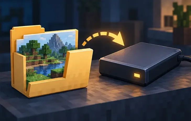A blocky saved world folder being copied to a separate external drive, illustrating a backup before troubleshooting.